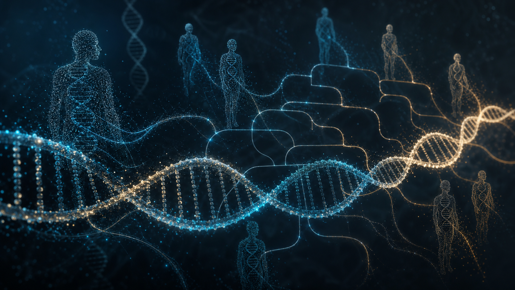 Modern insan genomundaki eski soy katkılarını simgeleyen DNA ve soy ağacı illüstrasyonu