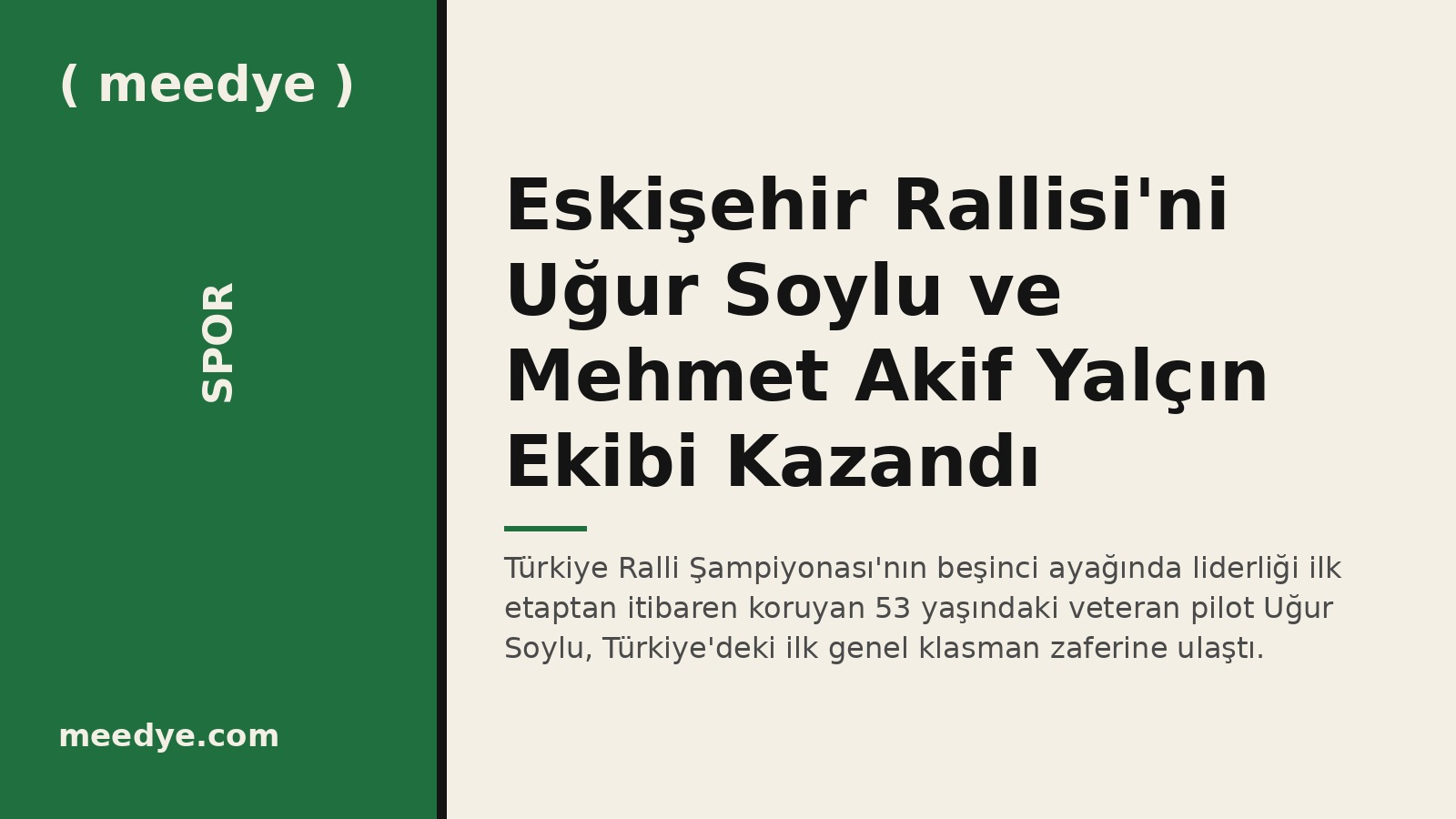 Eskişehir Rallisi'ni Uğur Soylu ve Mehmet Akif Yalçın Ekibi Kazandı — Meedye editoryal görseli