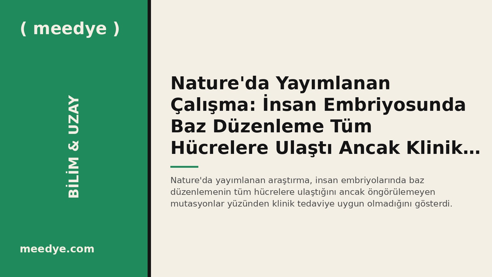 Nature'da Yayımlanan Çalışma: İnsan Embriyosunda Baz Düzenleme Tüm Hücrelere Ulaştı Ancak Klinik İçin Güvenli Bulunmadı — Meedye editoryal görseli