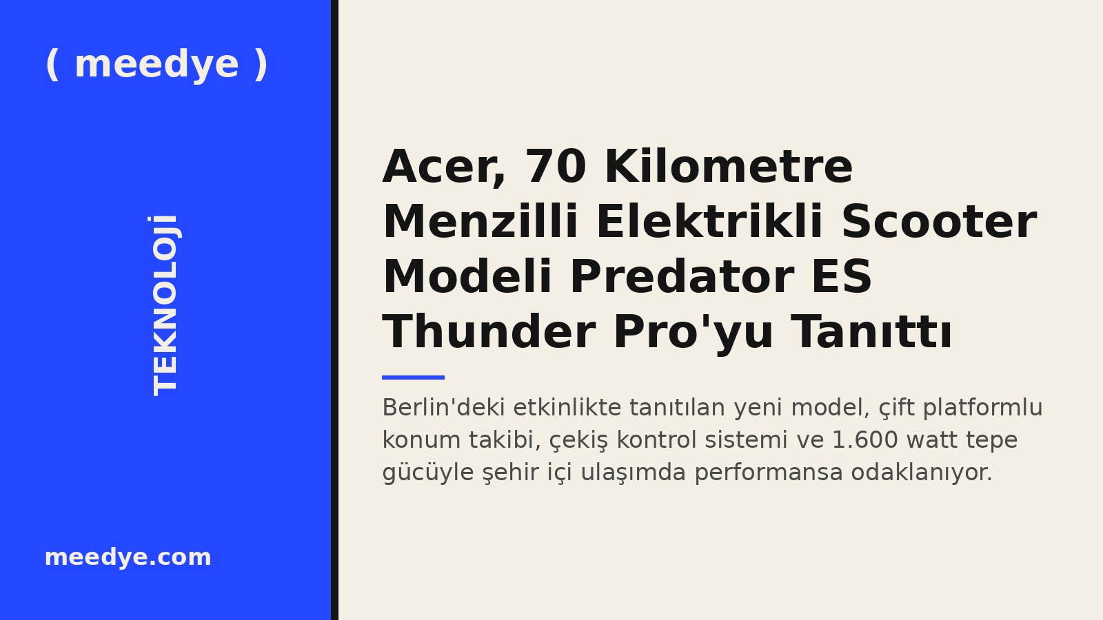 Acer, 70 Kilometre Menzilli Elektrikli Scooter Modeli Predator ES Thunder Pro'yu Tanıttı — Meedye editoryal görseli