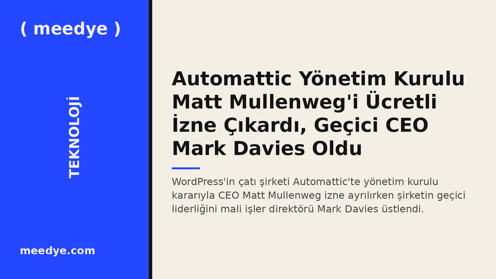 Automattic Yönetim Kurulu Matt Mullenweg'i Ücretli İzne Çıkardı, Geçici CEO Mark Davies Oldu — Meedye editoryal görseli