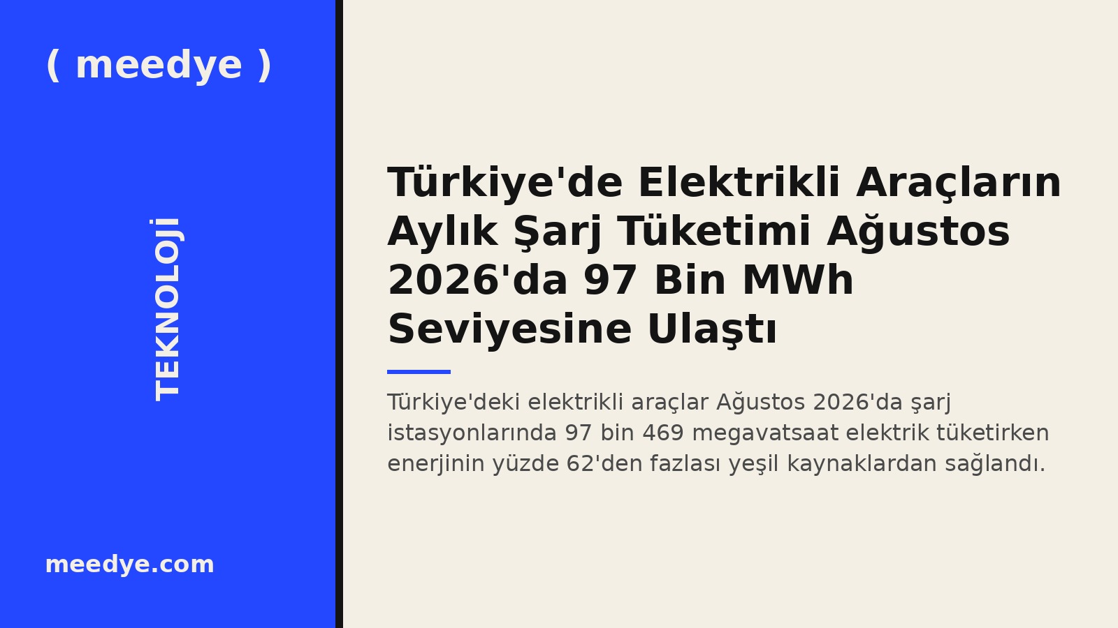 Türkiye'de Elektrikli Araçların Aylık Şarj Tüketimi Ağustos 2026'da 97 Bin MWh Seviyesine Ulaştı — Meedye editoryal görseli