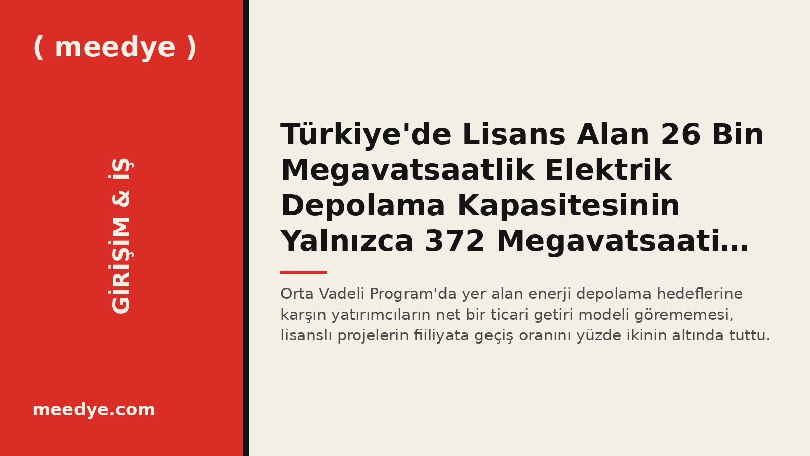 Türkiye'de Lisans Alan 26 Bin Megavatsaatlik Elektrik Depolama Kapasitesinin Yalnızca 372 Megavatsaati Devreye Girdi — Meedye editoryal görseli
