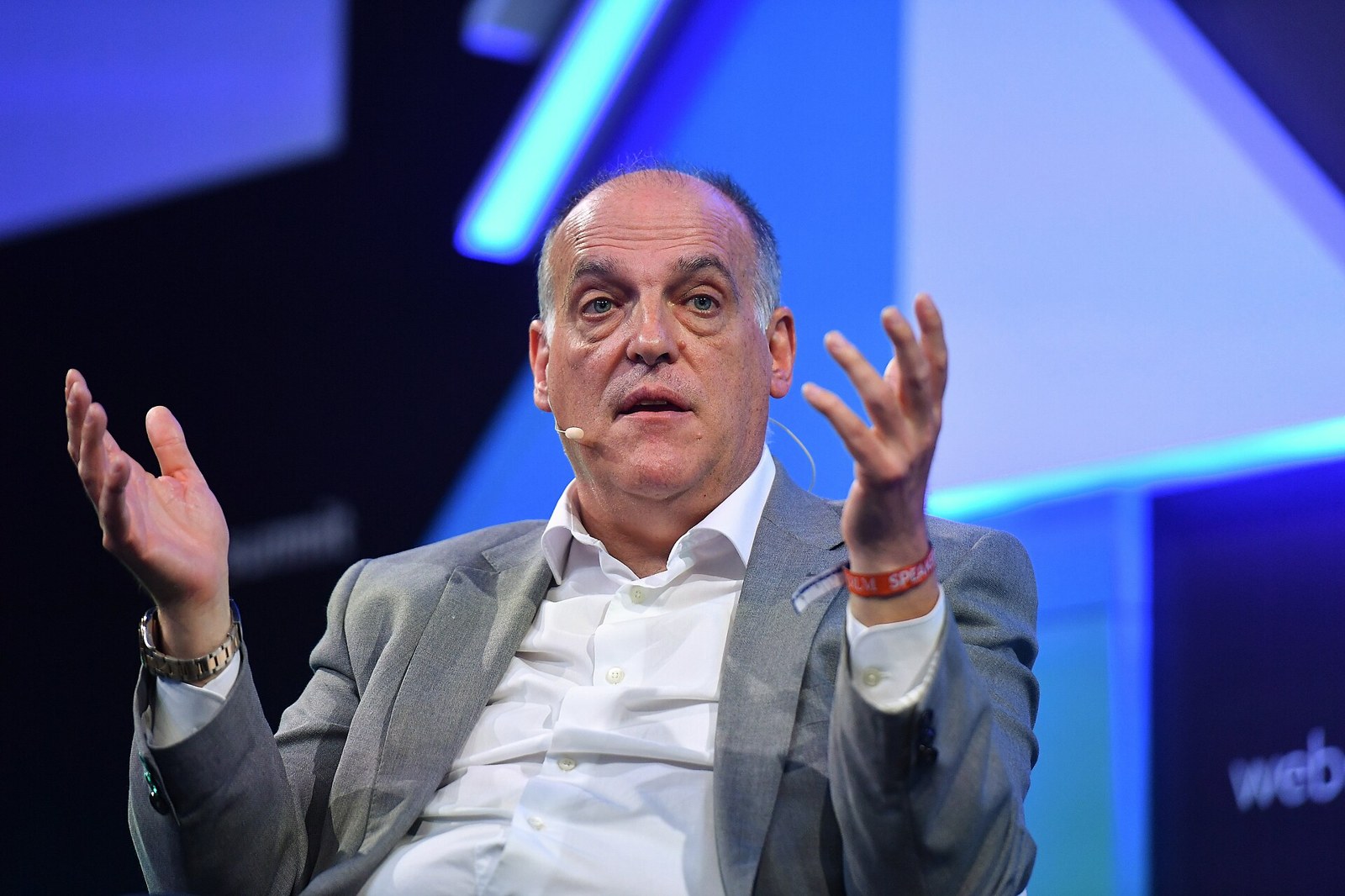 Arşiv fotoğrafı: 5 Kasım 2019'da Lizbon'daki Altice Arena'da düzenlenen Web Summit 2019'un açılış gününde, La Liga Başkanı Javier Tebas SportsTrade sahnesinde konuşurken.
