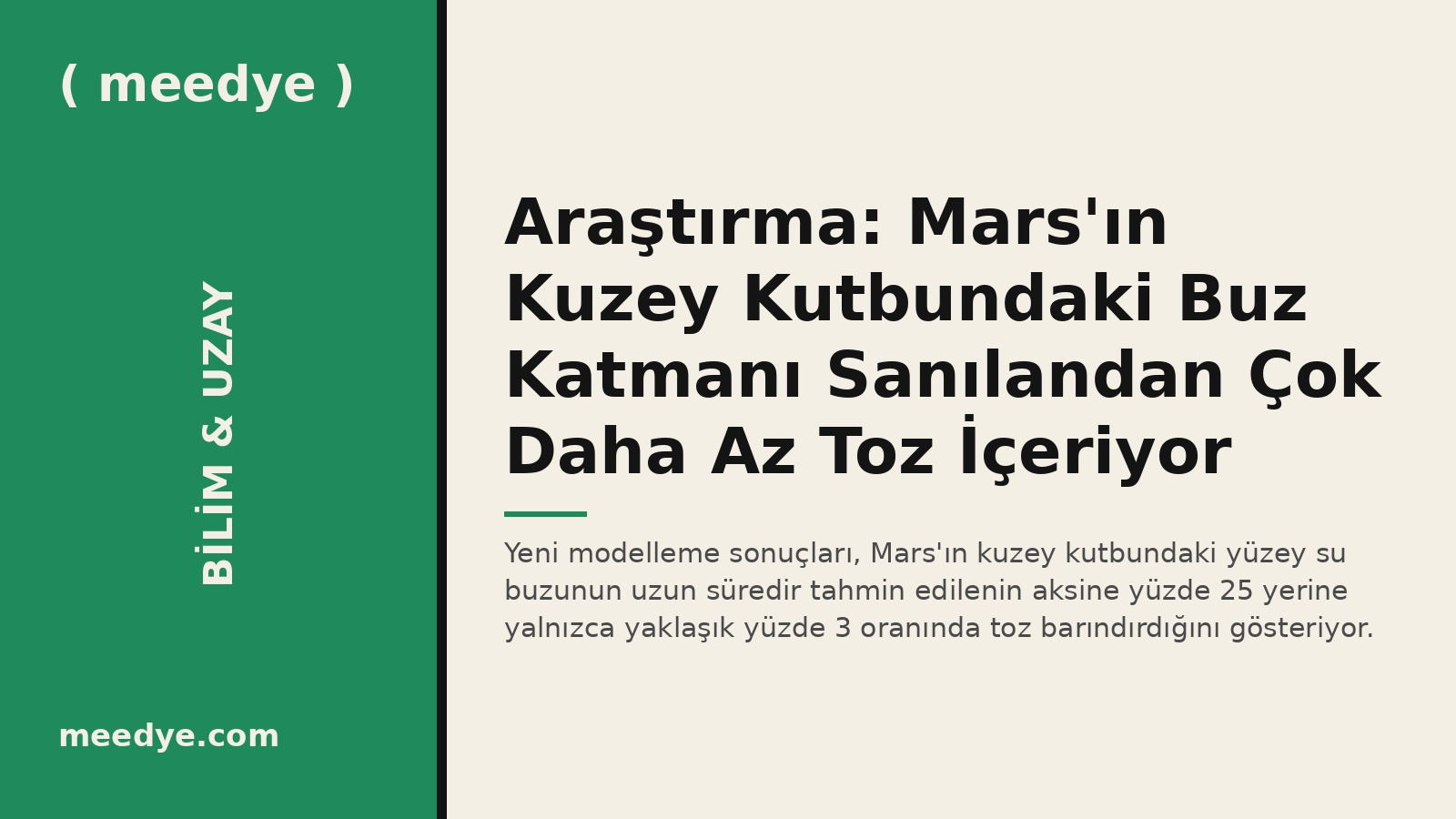 Araştırma: Mars'ın Kuzey Kutbundaki Buz Katmanı Sanılandan Çok Daha Az Toz İçeriyor — Meedye editoryal görseli