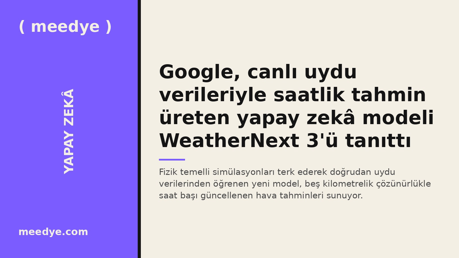 Google, canlı uydu verileriyle saatlik tahmin üreten yapay zekâ modeli WeatherNext 3'ü tanıttı — Meedye editoryal görseli